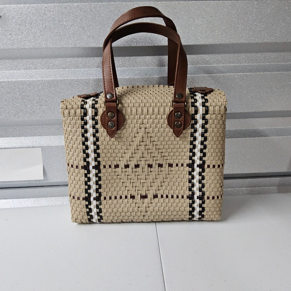 Handmade Woven Straw Handbag Purse Top Handle Satchel Bag Beige Brown Medium MX - Picture 7 of 14